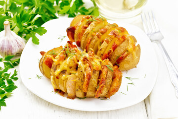 Potatoes puff smoked bacon in plate on white board