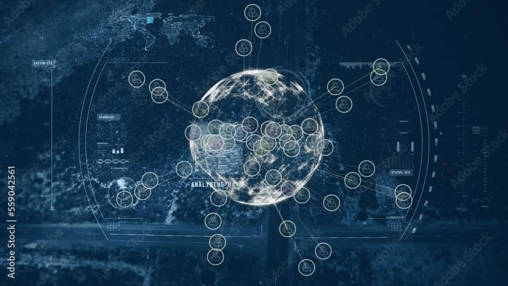 Poster animation of globe with connections and data processing