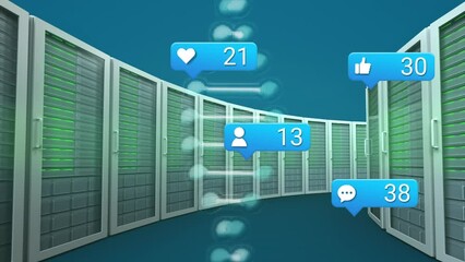 Animation of dna strand, social media icons over computer servers - Powered by Adobe