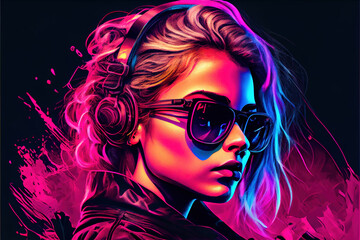 Obraz premium womain with headphones in futuristic style created with Generative AI technology