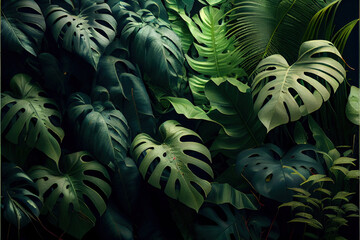 beautiful green leafs in darken colors created with Generative AI technology