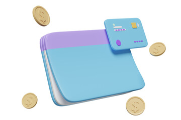 3d bank account book, passbook with money dollar coin, credit card isolated. saving money, financial business, banking payment, minimal concept, 3d render illustration