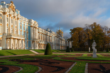 Catherine Palace and the palace church in the Catherine Park in Tsarskoye Selo in the sunny autumn day, Pushkin, St. Petersburg, Russia