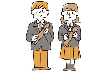 卒業式の男子生徒と女子生徒のイラストセット