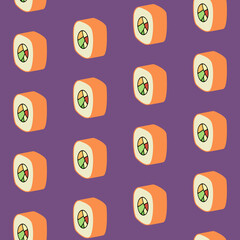 Seamless colored pattern with cartoon Japanese sushi roll