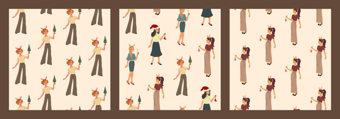 Merry Christmas and Happy New Year. Set of colorful seamless patterns, background design. Christmas girls