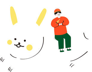 boy sit on the rabbit