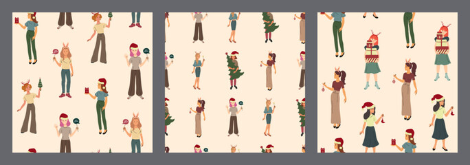 Set of seamless surface patterns. Traditional winter holiday celebration. Isolated vector Christmas character
