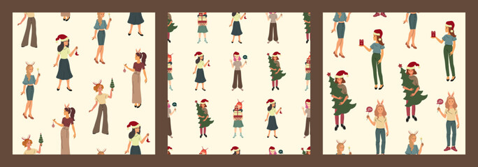 Set of cute seamless patterns, Christmas girls. Vector illustration. Merry Christmas and Happy New Year