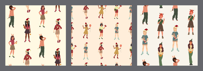 Set of seamless surface patterns. Traditional winter holiday celebration. Isolated vector Christmas character.