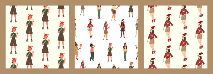 New Year celebration. Set of three vector seamless patterns. Girls have fun, decorate the Christmas tree, give gifts.