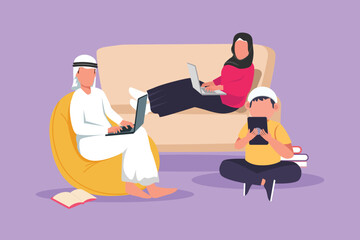 Character flat drawing young man woman using laptop and smartphone or tablet obsessed with devices gadget. Arab people internet technology addiction at home or room. Cartoon design vector illustration