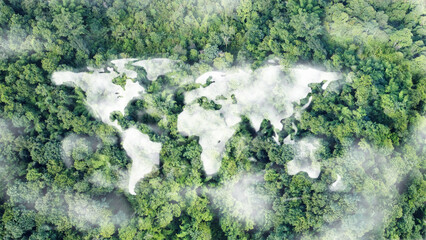 Picture of the world's continents in the clouds Among the greenery, Future environmental...