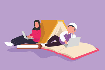 Character flat drawing smart Arab couple with laptop computer leaning on pile of book together. Freelance, distance learning, online courses. Man and woman studying. Cartoon design vector illustration