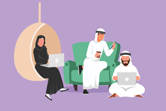 Character flat drawing group of Arab people with laptop computer at home. Man on couch, male sit on floor, woman sitting on swing chair, typing or studying together. Cartoon design vector illustration