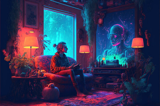 Illustration of a psychedelic man confronting inner fears