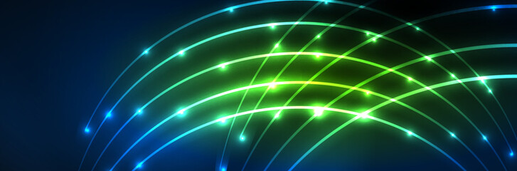 Shiny neon lights, dark abstract background with blurred magic neon light curved lines
