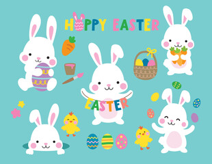 Obraz na płótnie Canvas White Easter bunny rabbits with Easter eggs and little chicks vector illustration set.