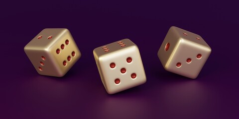 Set of golden dices isolated on purple background. 3d render 3d rendering illustration
