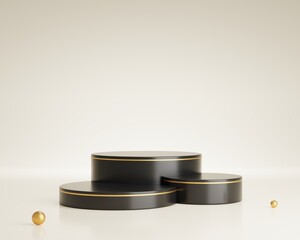 Podium shaped three stages black gold luxury background with gold ball for promoting sales and marketing 3d render
