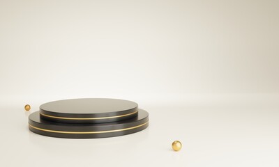 Podium shaped black gold luxury background with gold ball for promoting sales and marketing 3d render