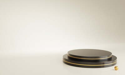 Podium shaped black gold luxury background with gold ball for promoting sales and marketing 3d render