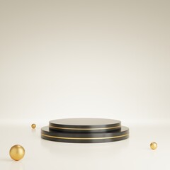 Podium shaped black gold luxury background with gold ball for promoting sales and marketing 3d render