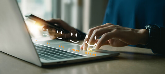 Customer services best excellent business rating experience. Satisfaction survey concept. user give rating to service experience on online application .	
