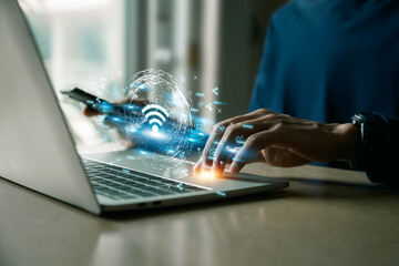 Business using laptop,with wifi icon,business communication social network concept.