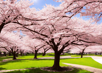 Spring Cherry Blossoms - Floral spring with bright, pink cherry blossom flowers blooming to commemorate the spring season. Generative AI