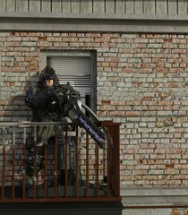 Naklejka premium computer rendered 3d illustration of a soldier in urban warfare