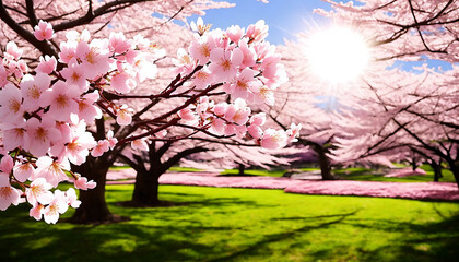 Obraz na płótnie Canvas Spring Cherry Blossoms - Floral spring with bright, pink cherry blossom flowers blooming to commemorate the spring season. Generative AI