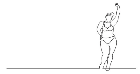 Obraz na płótnie Canvas continuous line drawing of confident oversize woman doing tai chi exercise with body positivity PNG image with transparent background