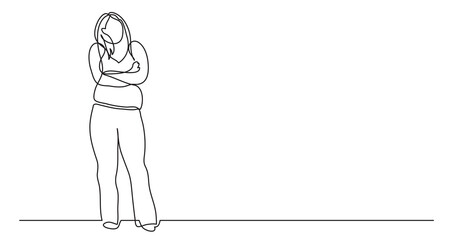 continuous line drawing of confident oversize woman in pants standing celebrating body positivity PNG image with transparent background