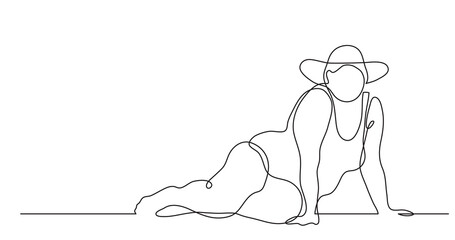 continuous line drawing of confident oversize woman lying on beach celebrating body positivity PNG image with transparent background