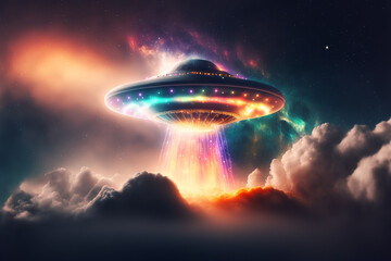 Naklejka na ściany i meble UFO is flying in a colorful universe. Generative AI. Alien UFO. Unidentified flying object. Clipping path included.