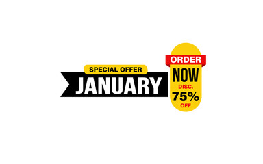 75 Percent JANUARY discount offer, clearance, promotion banner layout with sticker style. 