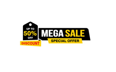 50 Percent MEGA SALE offer, clearance, promotion banner layout with sticker style.