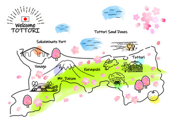 春の鳥取県の観光地のシンプル線画イラストマップ