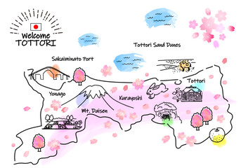 春の鳥取県の観光地のシンプル線画イラストマップ（ピンク）