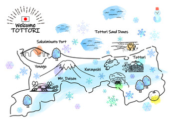 冬の鳥取県の観光地のシンプル線画イラストマップ