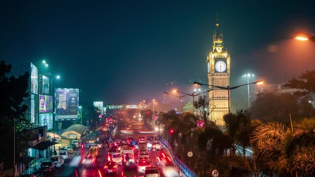 Kolkata city time lapse 4k video, Lake Town Clock Tower, Indian city night timelapse