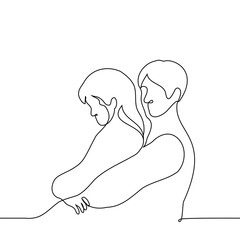 man and woman hugging - one line drawing vector. concept female tourist or traveler