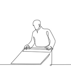 man in coat pushing shopping cart - one line drawing vector. the concept male shopper with shopping trolley