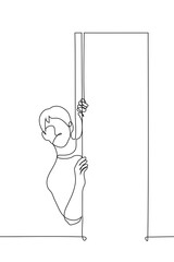 man leaned out from behind the door - one line drawing vector. concept unexpected guest peeking out from behind the door