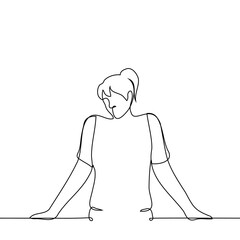 woman stands with her hands on the table she looks thoughtfully - one line drawing vector. concept ponder, stand in indecision, doubt, brainstorm
