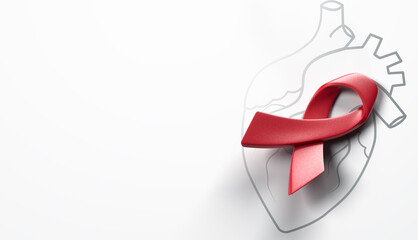 3d illustration red awareness ribbon with line heart organ, heart disease awareness campaign, cardiovascular health, Stroke Prevention, hypertension (high blood pressure) for heart disease concept - 559055326