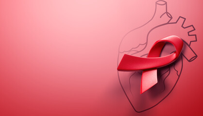 3d illustration red awareness ribbon with line heart organ, heart disease awareness campaign,...