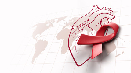 3d red awareness ribbon with line heart organ, heart disease awareness campaign, cardiovascular...