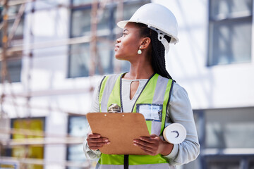Architecture, checklist and project management with black woman at construction site for civil...